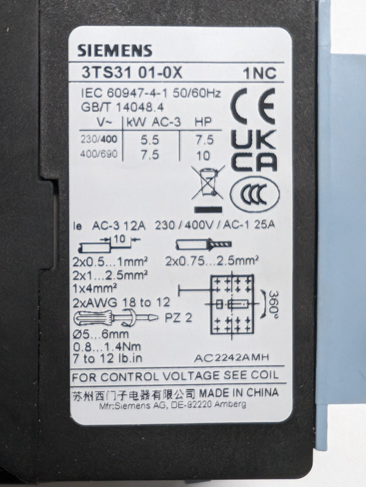 Siemens 3TS31 01-0X 1NC Electrical Contactor Relay 3 NO 1 NC AC-3 12A110V
